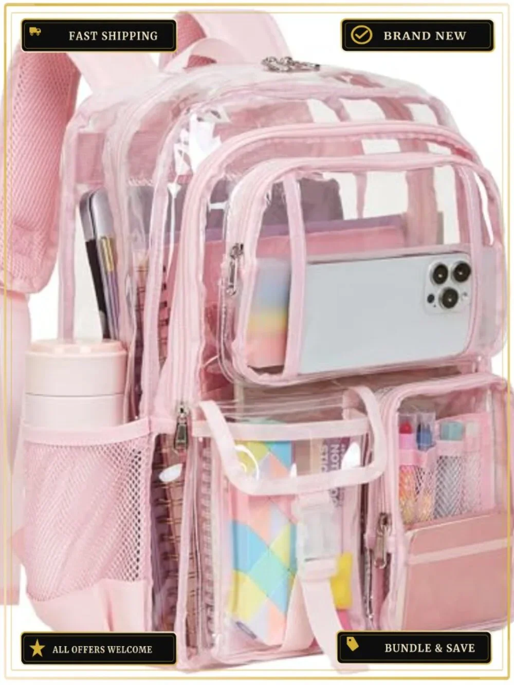 Clear Backpack for School/Work PVC Heavy Duty Large Multi-Pockets Reflective